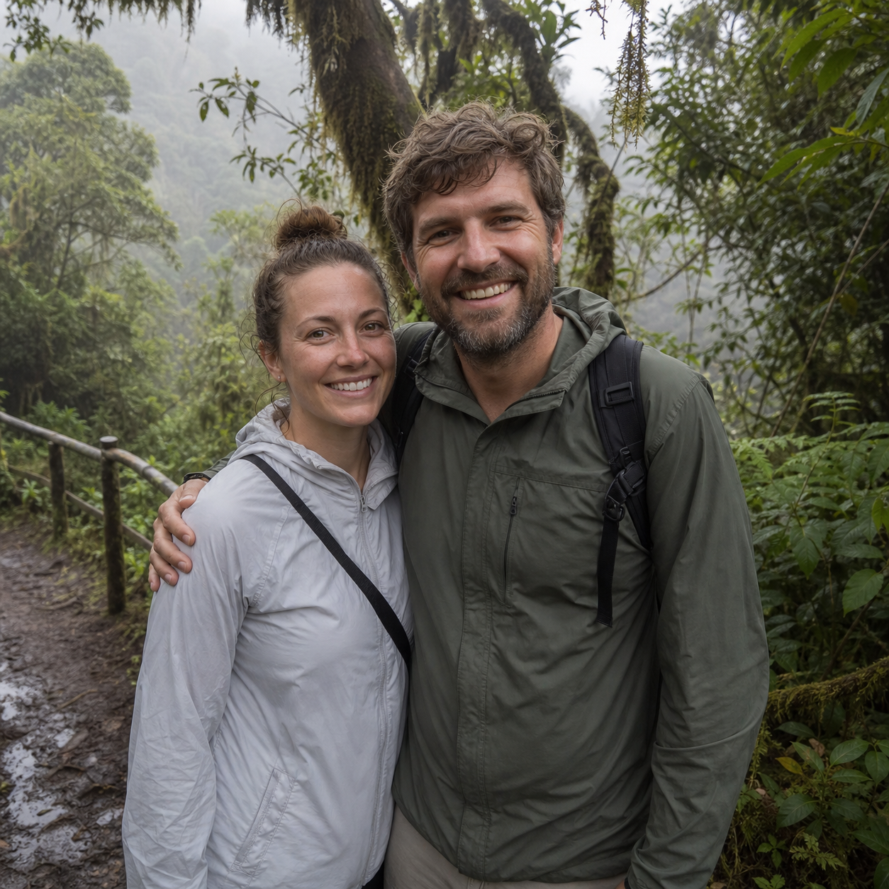 Couple smiling together on a misty Monteverde cloud forest trail